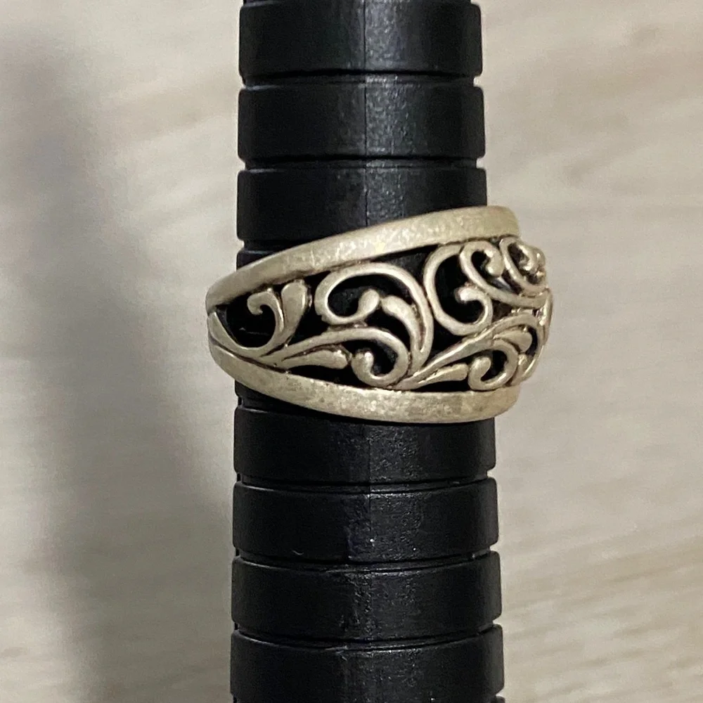 925 Sterling Silver Filigree Vine Swirl Design Band Ring Sz 6 Antiqued Finish